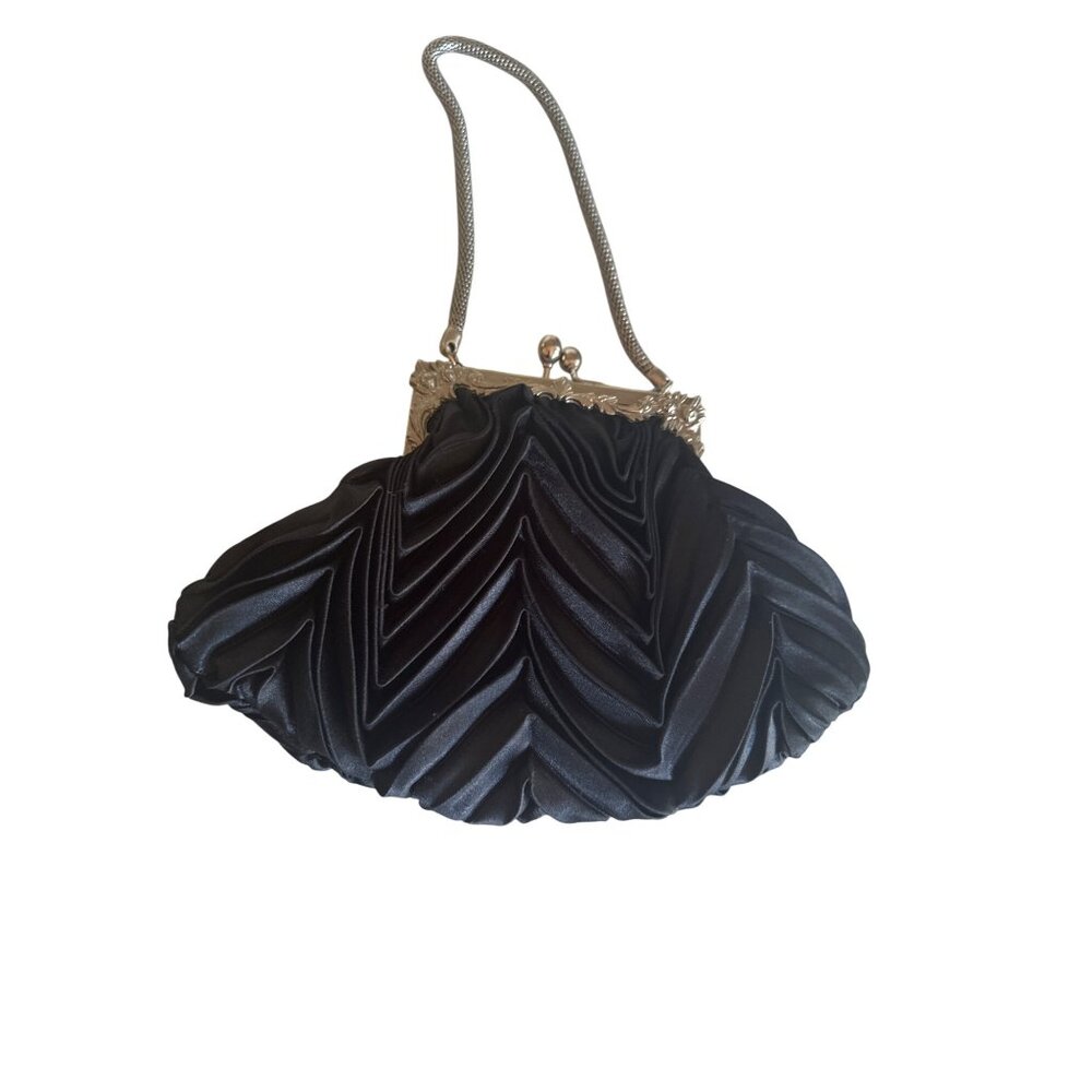 Vintage Black Satin‎ Pleated Evening Handbag With Silver Frame & Chain Handle